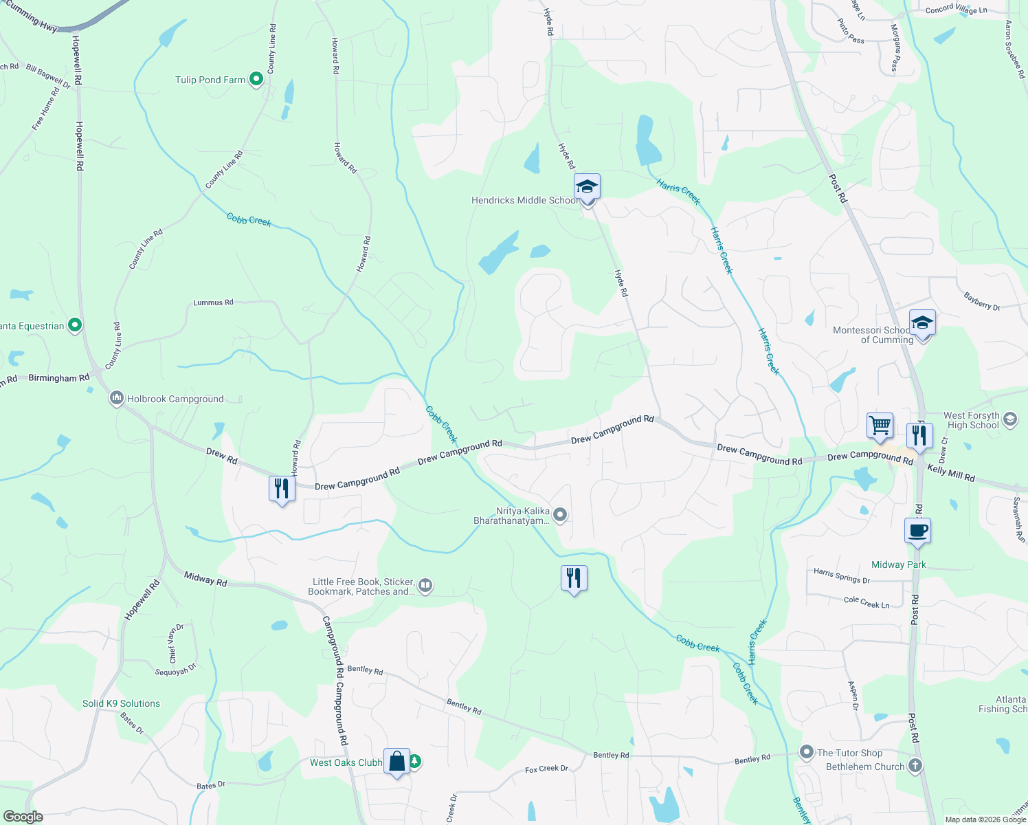 map of restaurants, bars, coffee shops, grocery stores, and more near 4220 Tivoli Way in Alpharetta