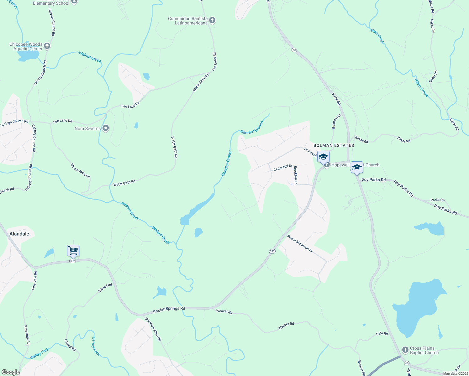 map of restaurants, bars, coffee shops, grocery stores, and more near 7217 Plum Creek Drive in Gainesville