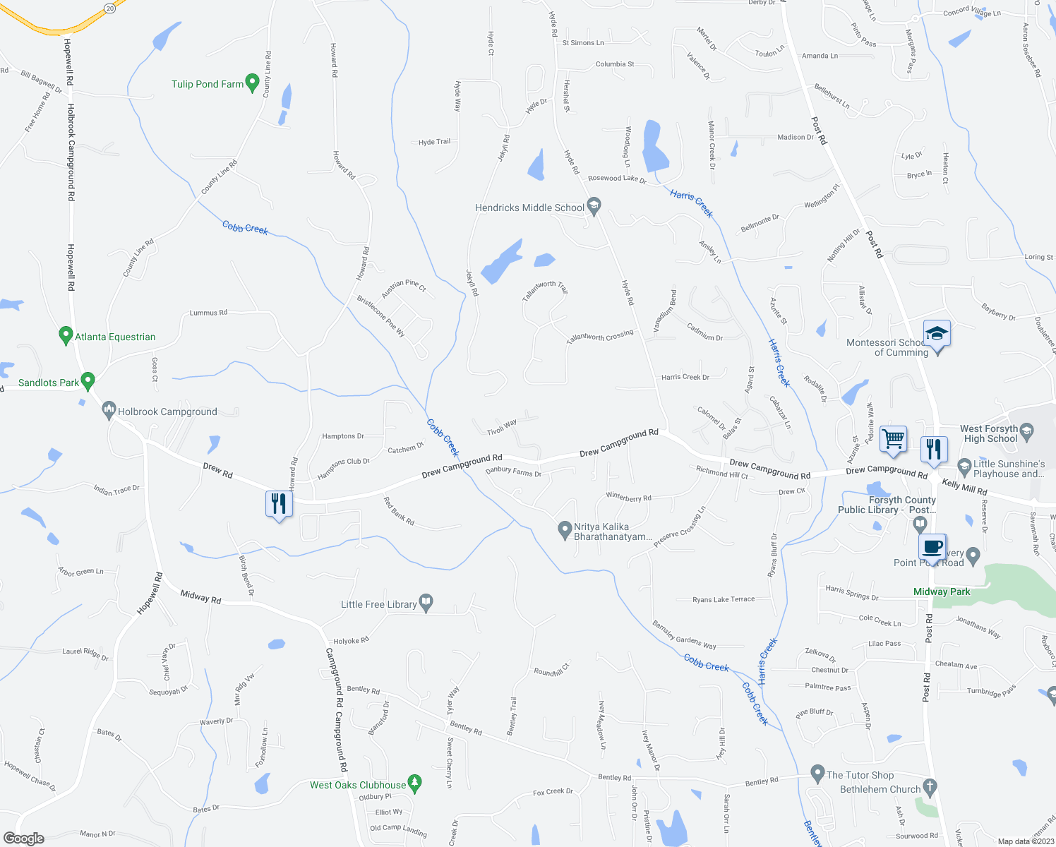 map of restaurants, bars, coffee shops, grocery stores, and more near 4310 Tivoli Way in Alpharetta