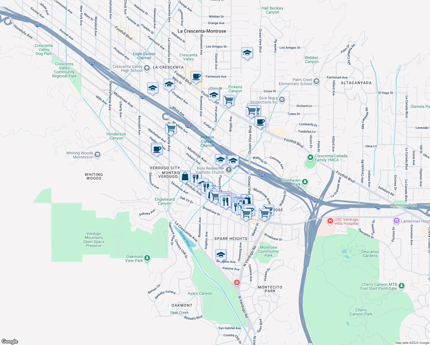 map of restaurants, bars, coffee shops, grocery stores, and more near 2503 Manhattan Avenue in La Crescenta-Montrose