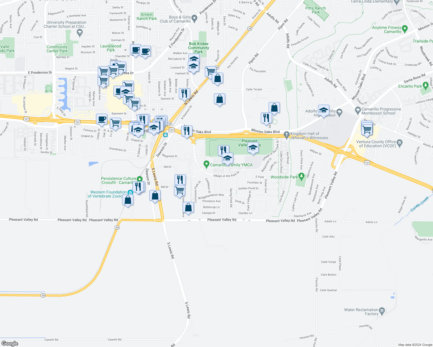map of restaurants, bars, coffee shops, grocery stores, and more near 324 Twilight Court in Camarillo