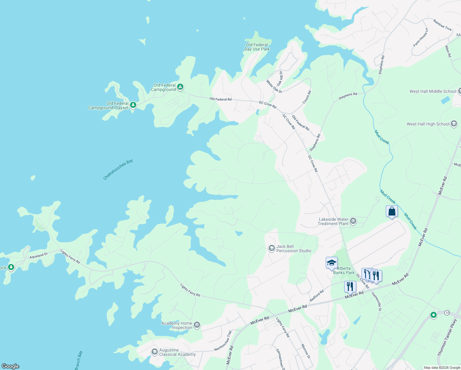 map of restaurants, bars, coffee shops, grocery stores, and more near 5963 Overby Road in Flowery Branch