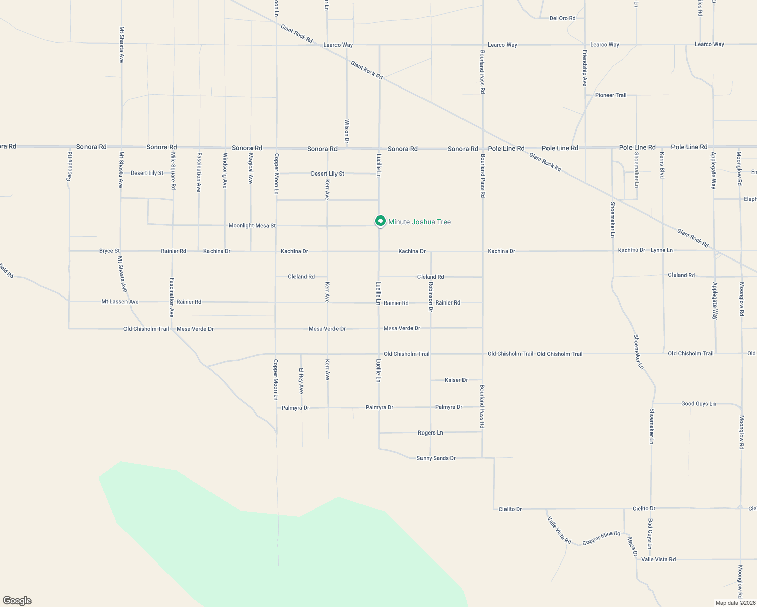 map of restaurants, bars, coffee shops, grocery stores, and more near Rainier Road in Joshua Tree