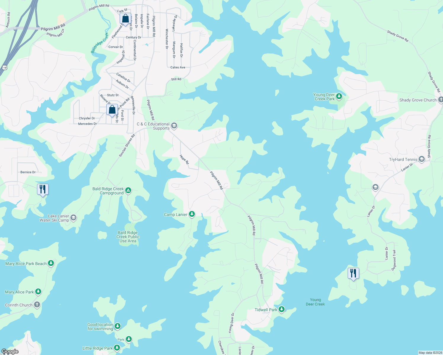 map of restaurants, bars, coffee shops, grocery stores, and more near 3855 Pilgrim Mill Rd in Cumming