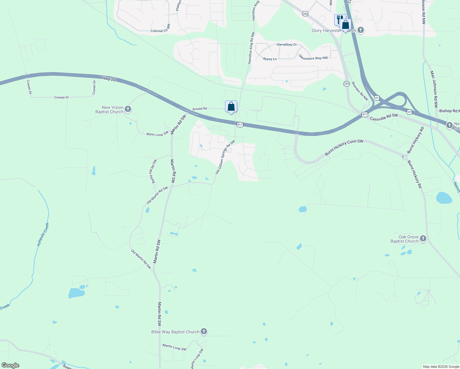 map of restaurants, bars, coffee shops, grocery stores, and more near 273 Old Gilliam Springs Road Southwest in Cartersville