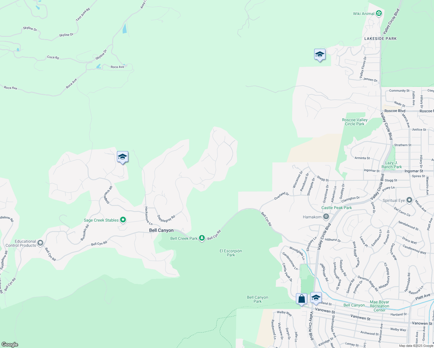 map of restaurants, bars, coffee shops, grocery stores, and more near 150 Dapplegray Road in Bell Canyon