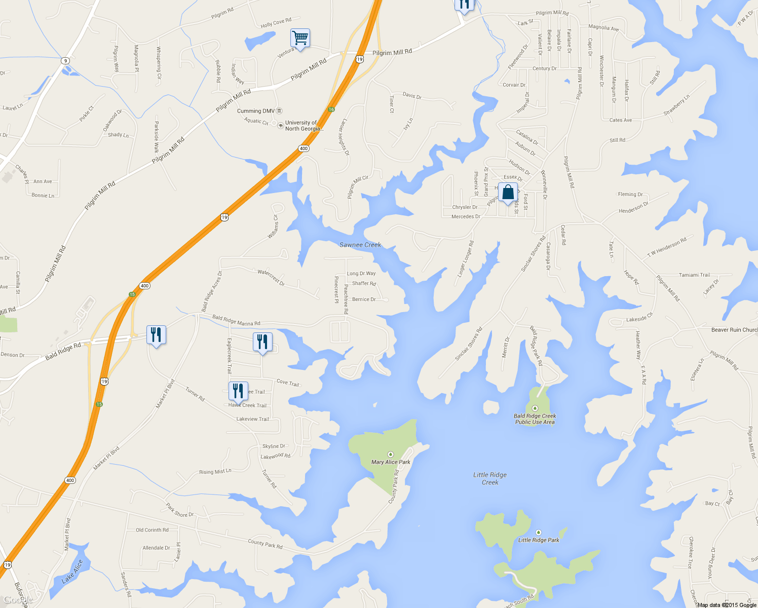 map of restaurants, bars, coffee shops, grocery stores, and more near 1880 Bernice Dr in Cumming