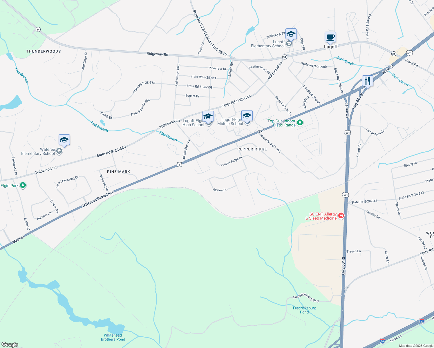 map of restaurants, bars, coffee shops, grocery stores, and more near 72 Oak Ridge Drive in Lugoff