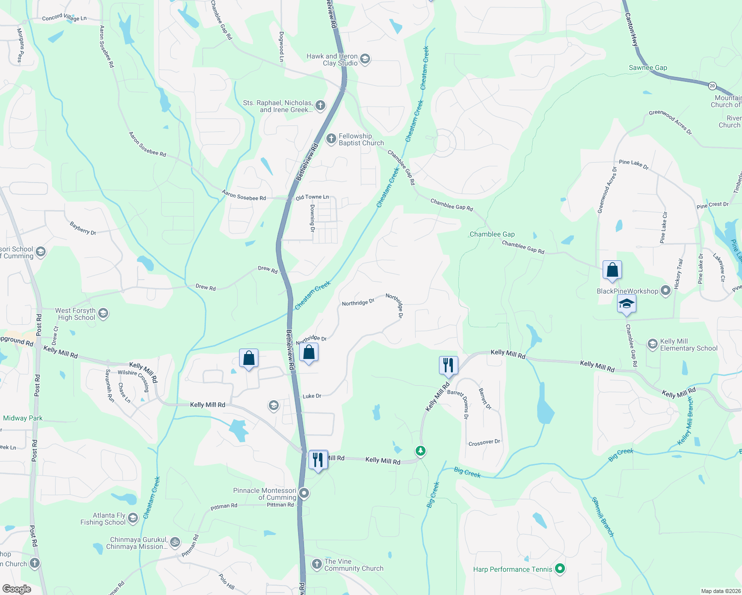 map of restaurants, bars, coffee shops, grocery stores, and more near 5010 Northridge Drive in Cumming