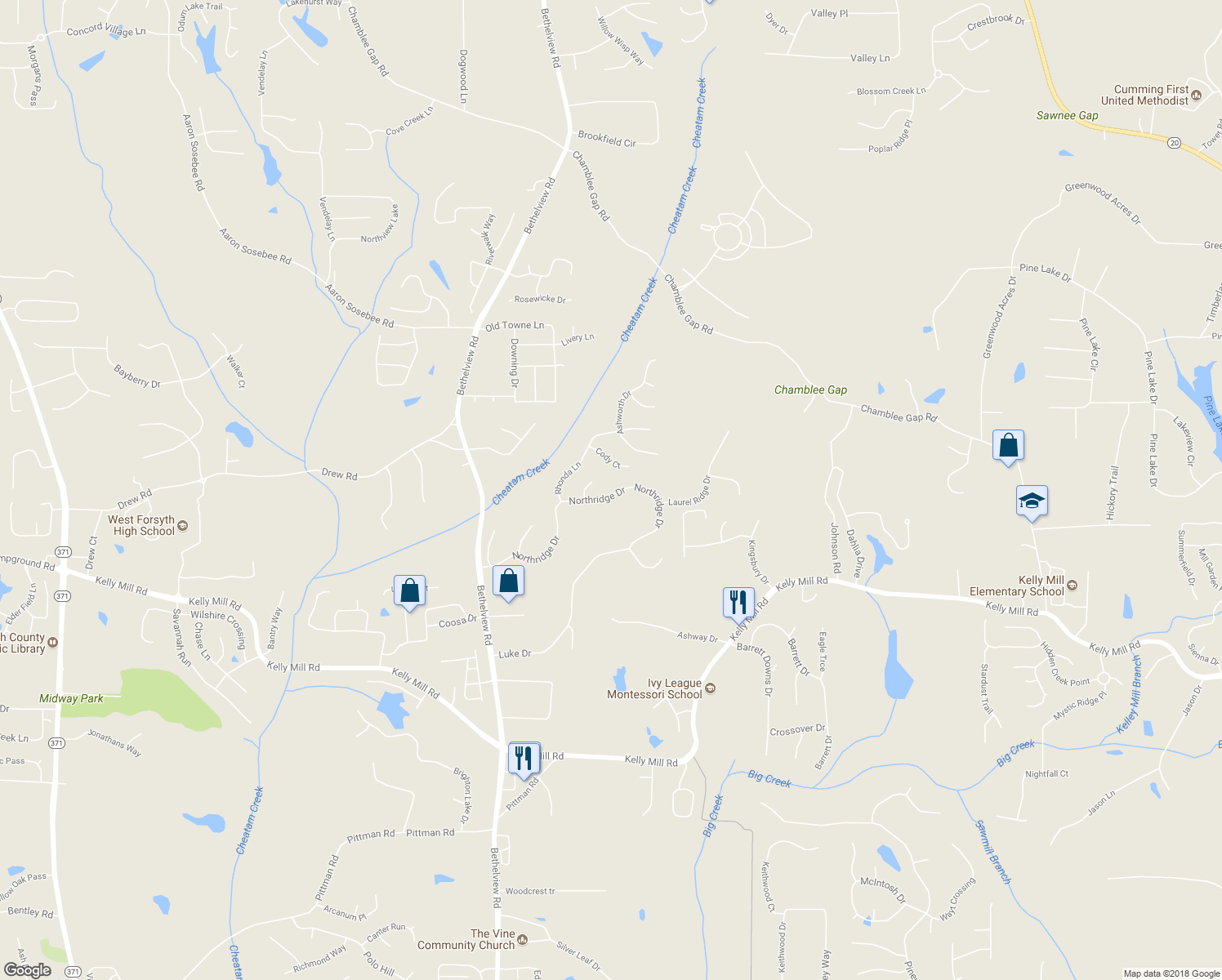 map of restaurants, bars, coffee shops, grocery stores, and more near 5010 Northridge Drive in Cumming