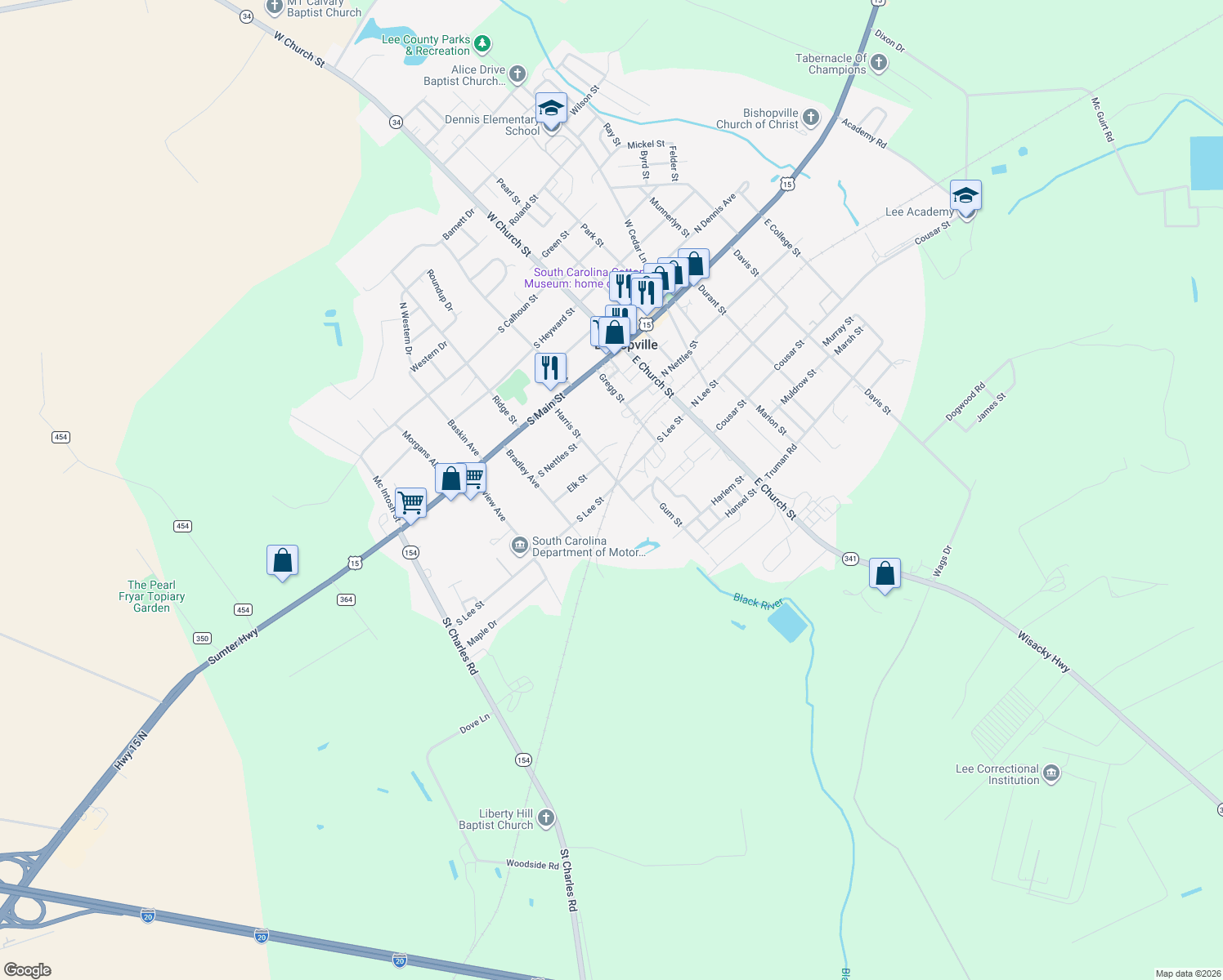 map of restaurants, bars, coffee shops, grocery stores, and more near 314 S Lee St in Bishopville
