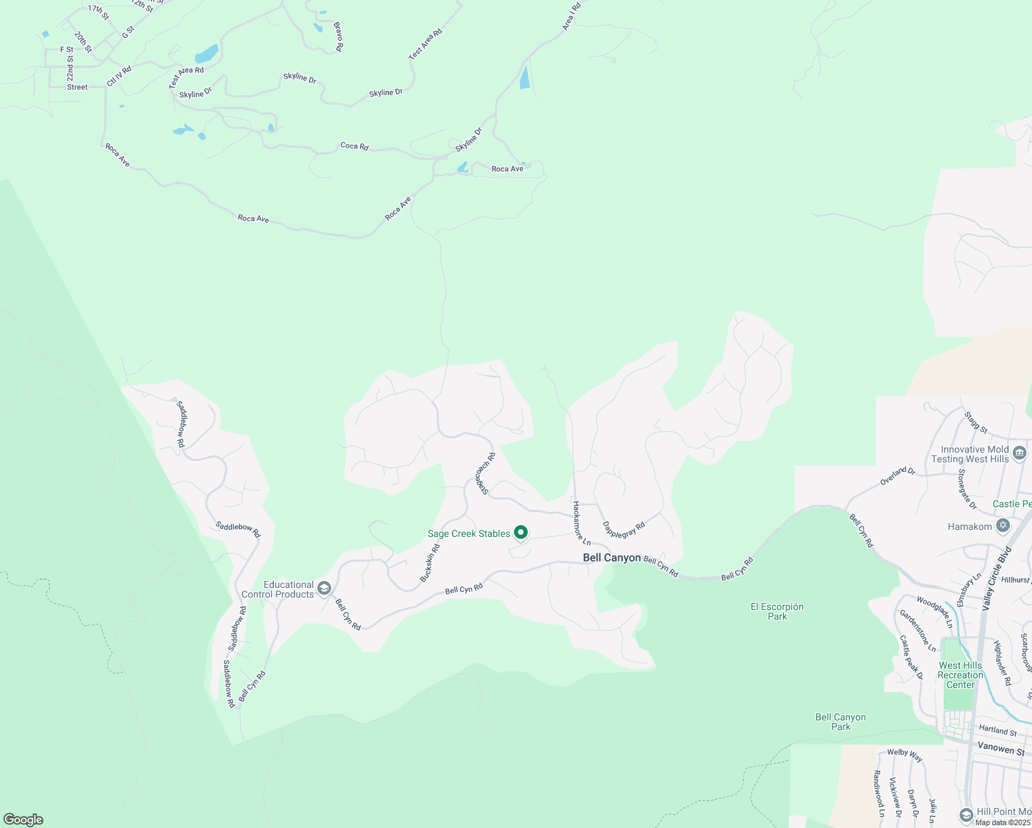map of restaurants, bars, coffee shops, grocery stores, and more near 33 Sage Lane in Bell Canyon