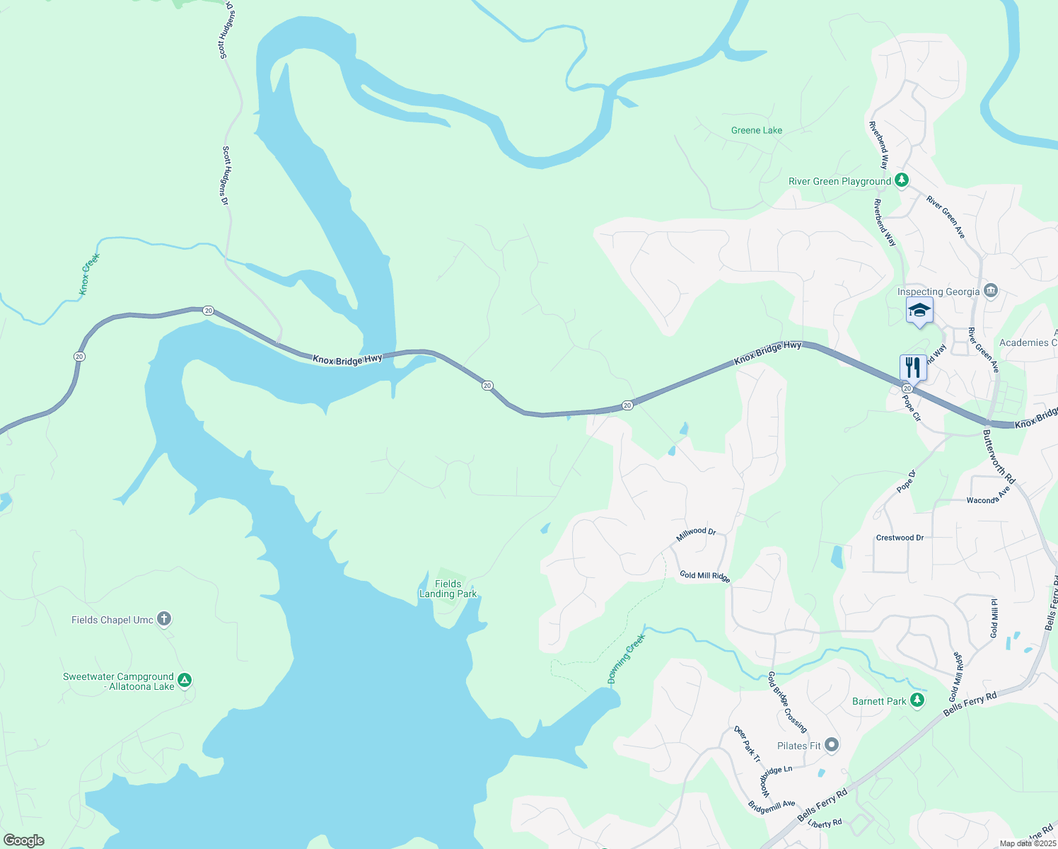map of restaurants, bars, coffee shops, grocery stores, and more near Knox Bridge Highway in Canton
