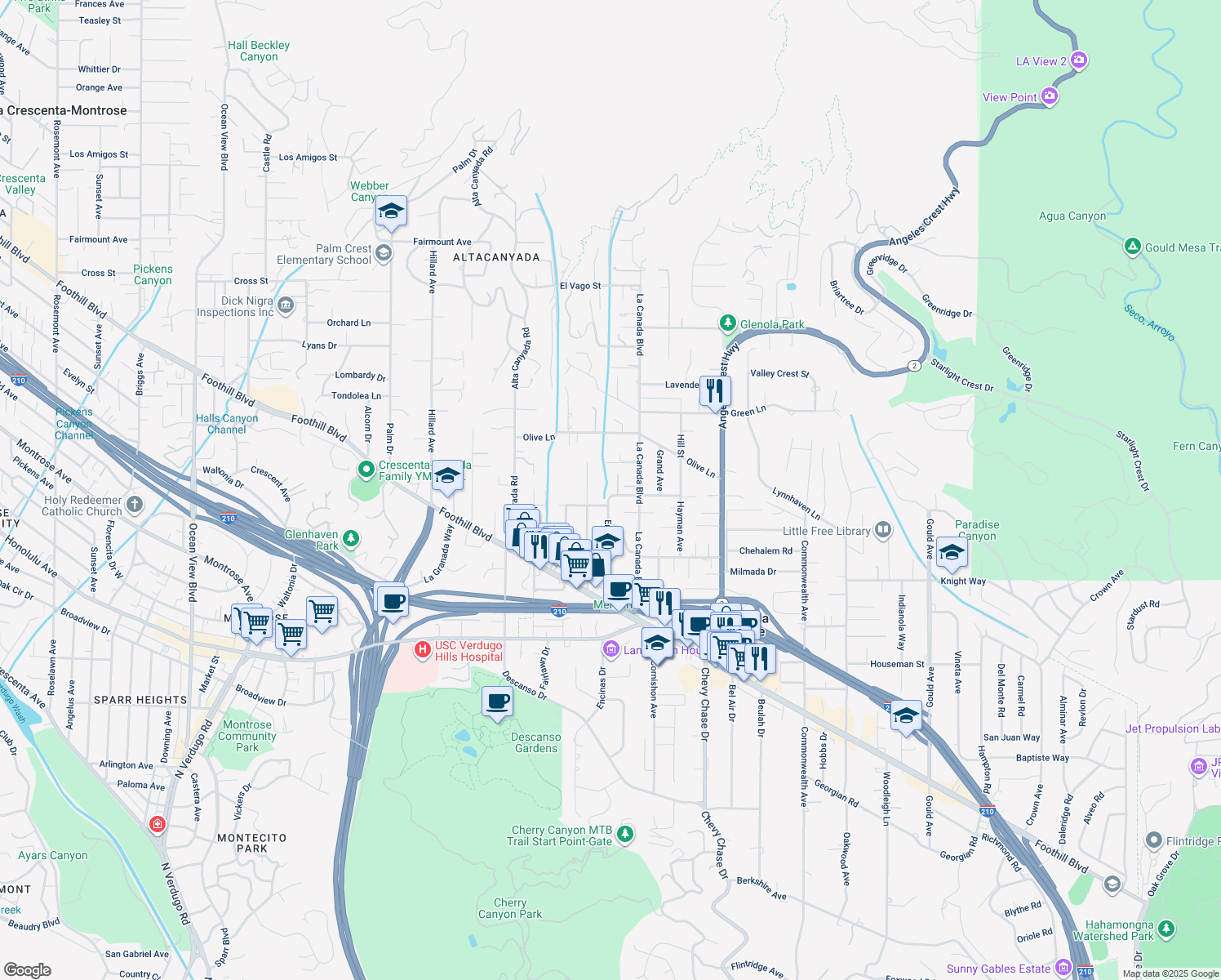 map of restaurants, bars, coffee shops, grocery stores, and more near 1237 Flanders Road in La Cañada Flintridge