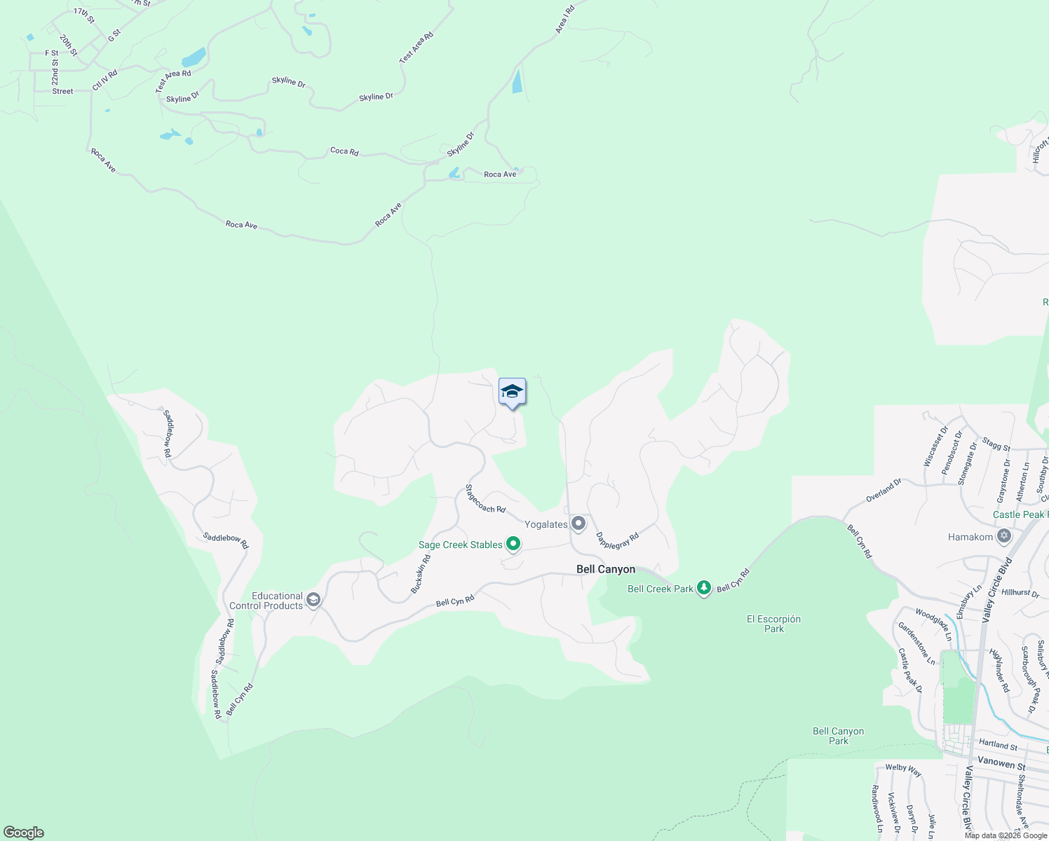 map of restaurants, bars, coffee shops, grocery stores, and more near 34 Sage Lane in Bell Canyon