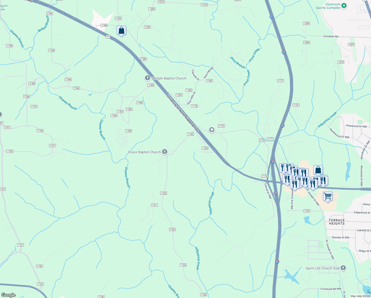 map of restaurants, bars, coffee shops, grocery stores, and more near 2898 County Road 1162 in Cullman