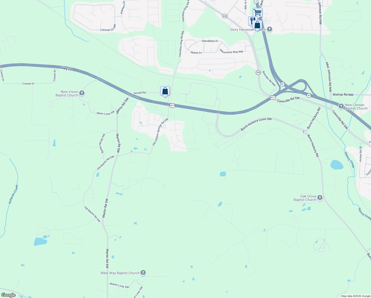map of restaurants, bars, coffee shops, grocery stores, and more near 12 Atlas Drive in Cartersville