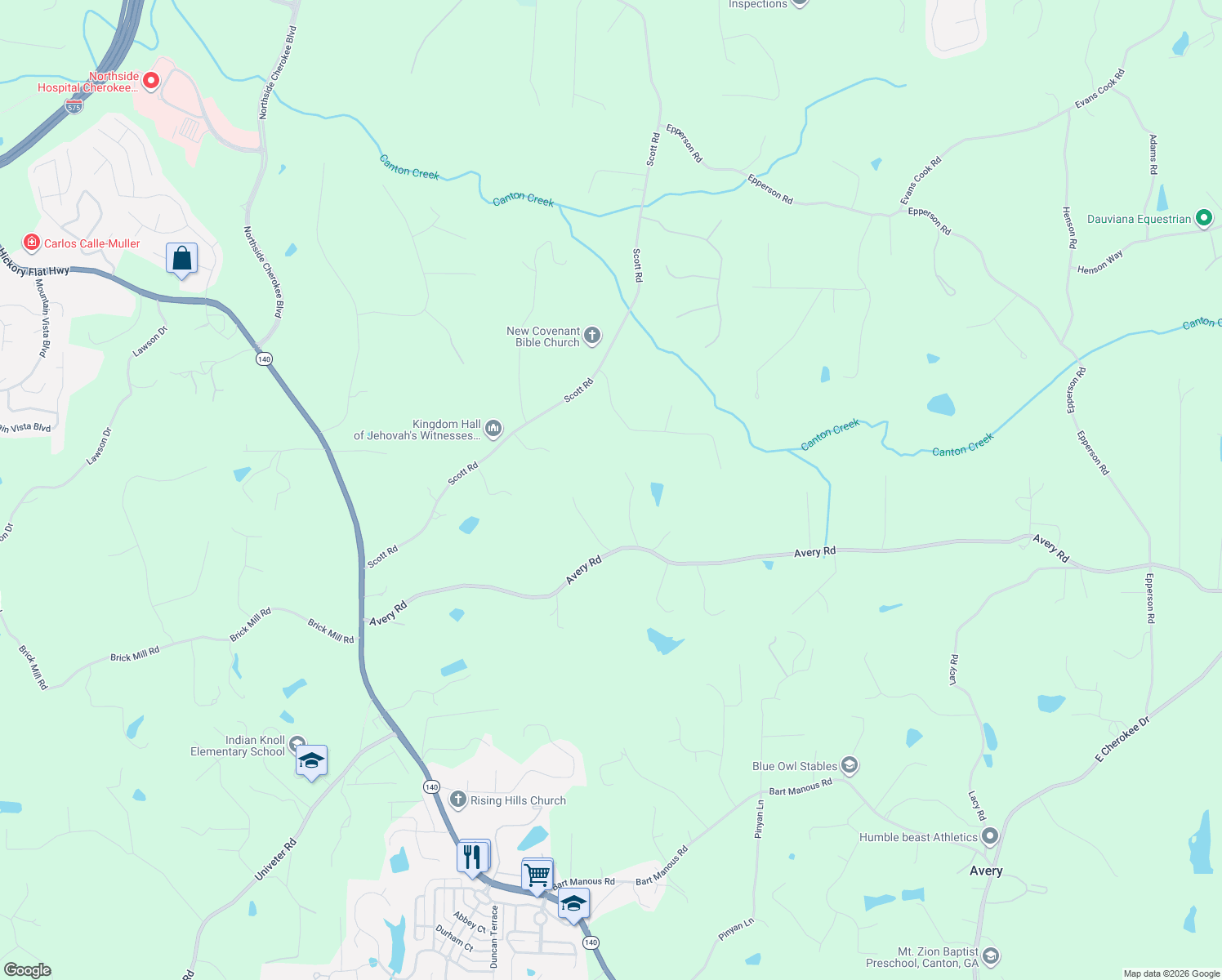 map of restaurants, bars, coffee shops, grocery stores, and more near 120 Cottonwood Tr in Canton