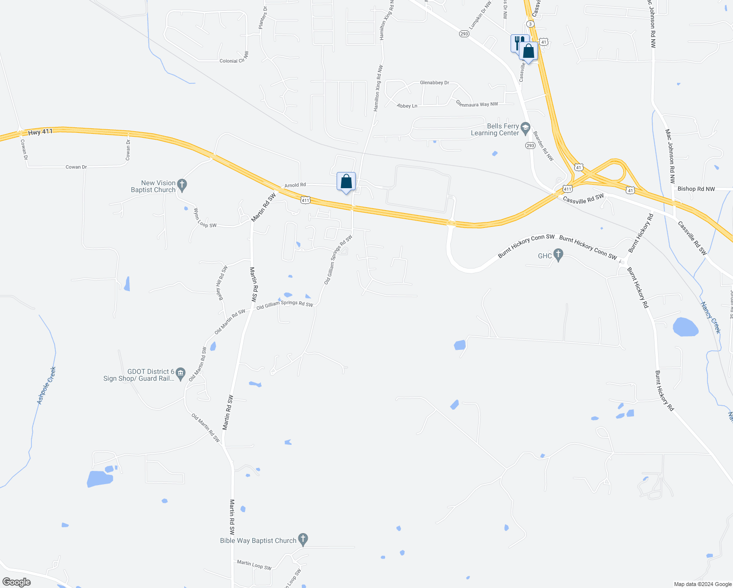 map of restaurants, bars, coffee shops, grocery stores, and more near 19 Dusty Drive in Cartersville