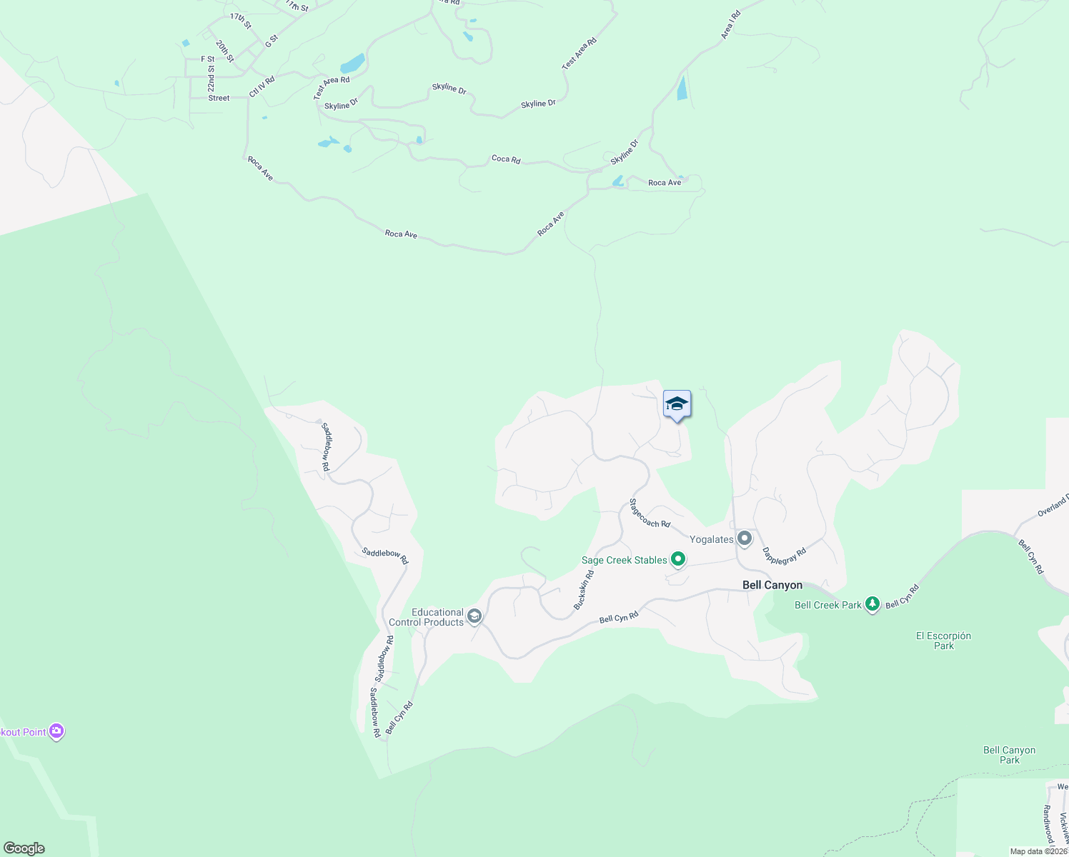 map of restaurants, bars, coffee shops, grocery stores, and more near 132 Stagecoach Road in Bell Canyon