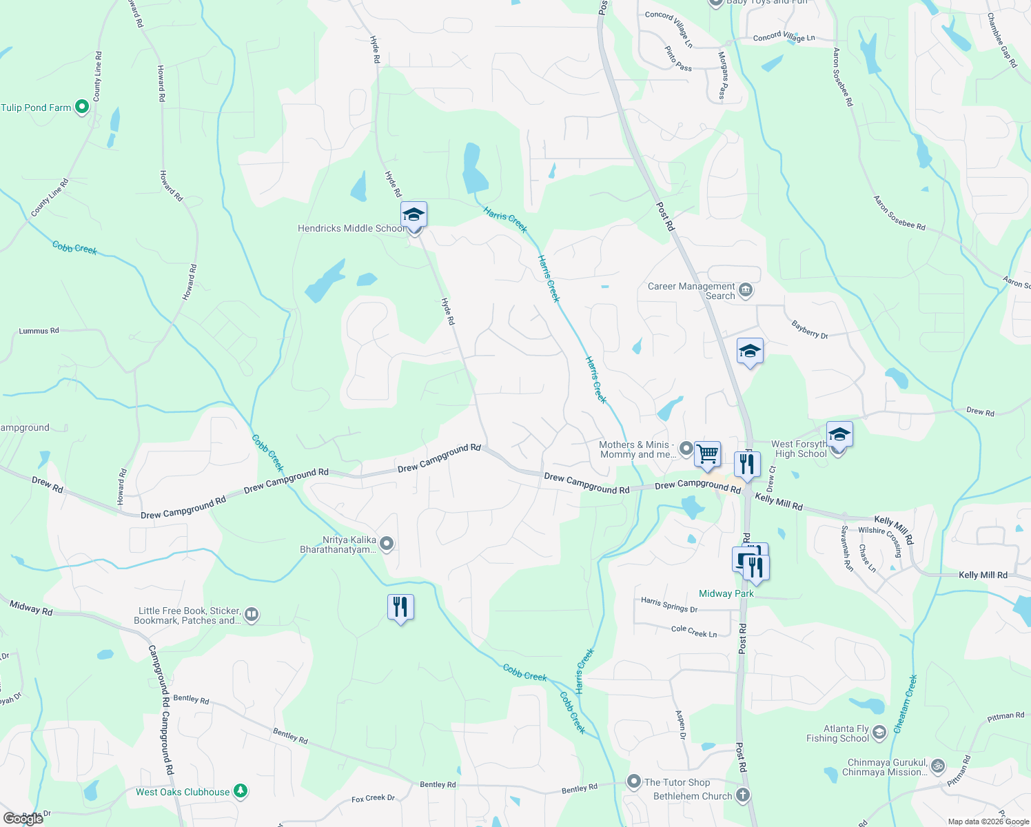 map of restaurants, bars, coffee shops, grocery stores, and more near 3960 Calomel Dr in Cumming