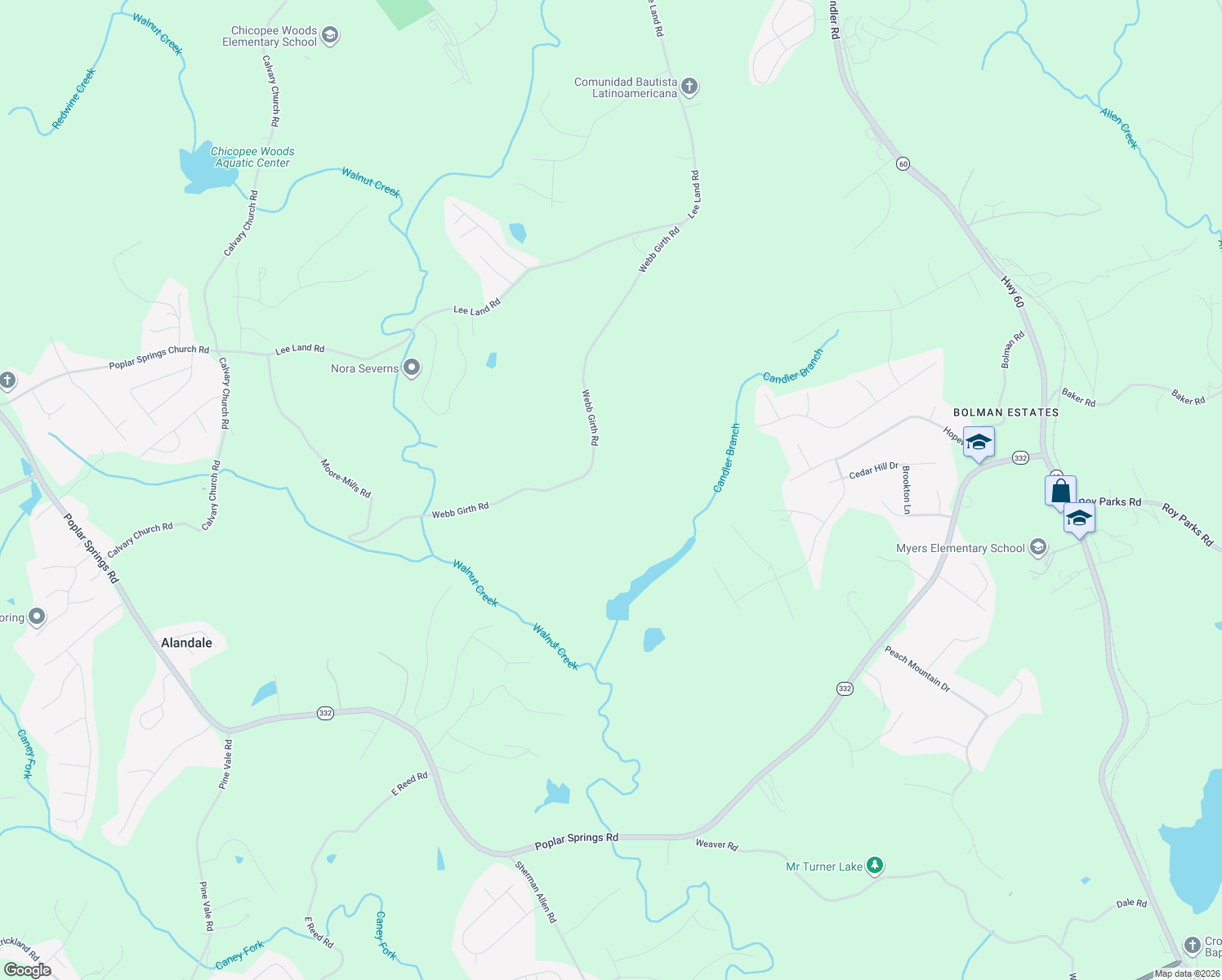map of restaurants, bars, coffee shops, grocery stores, and more near 2515 Webb Girth Rd in Gainesville