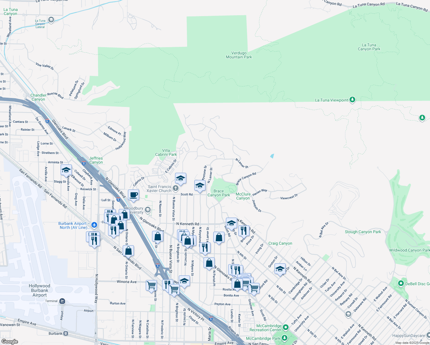 map of restaurants, bars, coffee shops, grocery stores, and more near 3003 Mesa Verde Drive in Burbank
