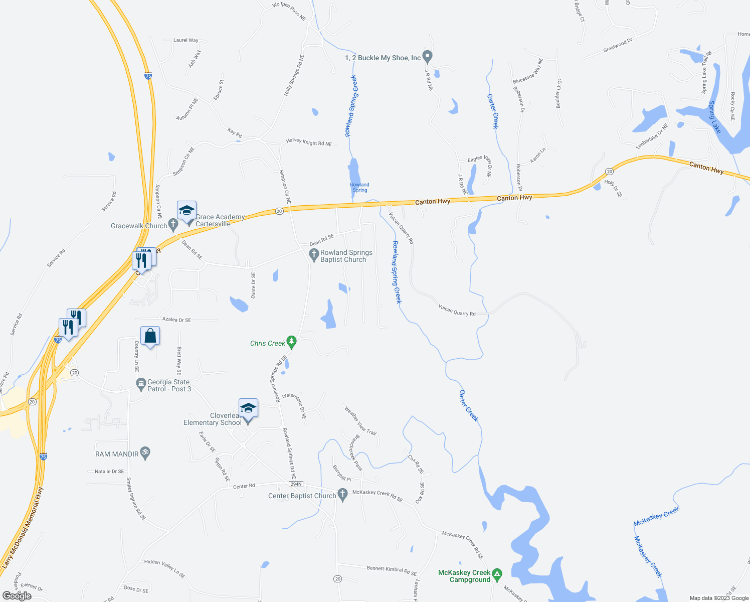map of restaurants, bars, coffee shops, grocery stores, and more near 42 Treemont Drive Southeast in Cartersville