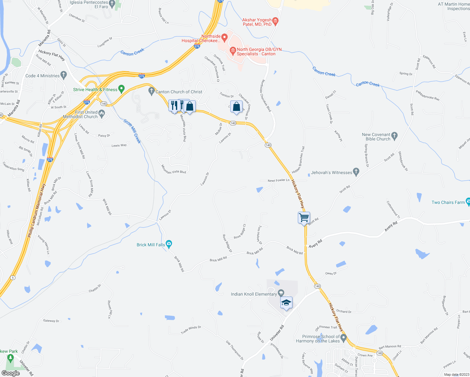 map of restaurants, bars, coffee shops, grocery stores, and more near 251 Rose Ridge Drive in Canton