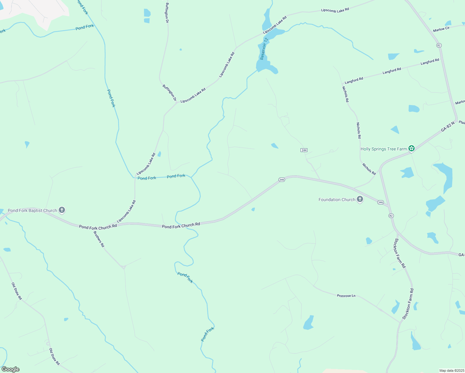 map of restaurants, bars, coffee shops, grocery stores, and more near 203 River Ridge Drive in Pendergrass