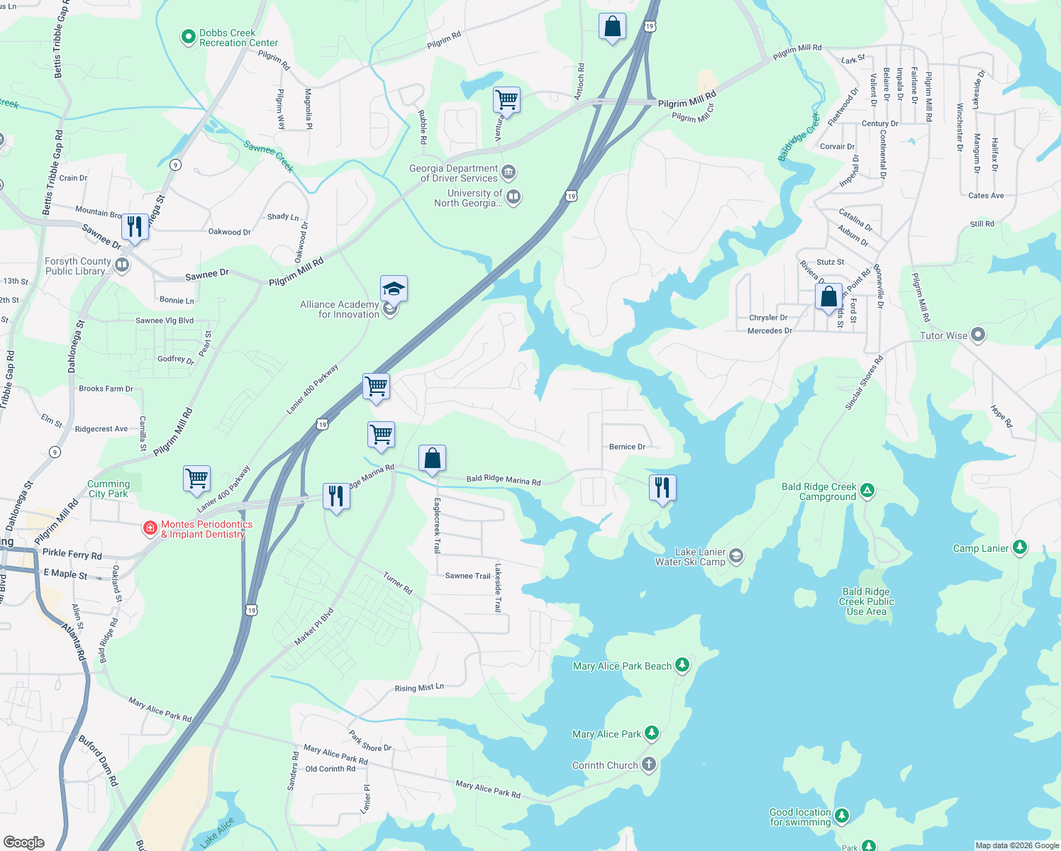 map of restaurants, bars, coffee shops, grocery stores, and more near 1745 Watercrest Drive in Cumming