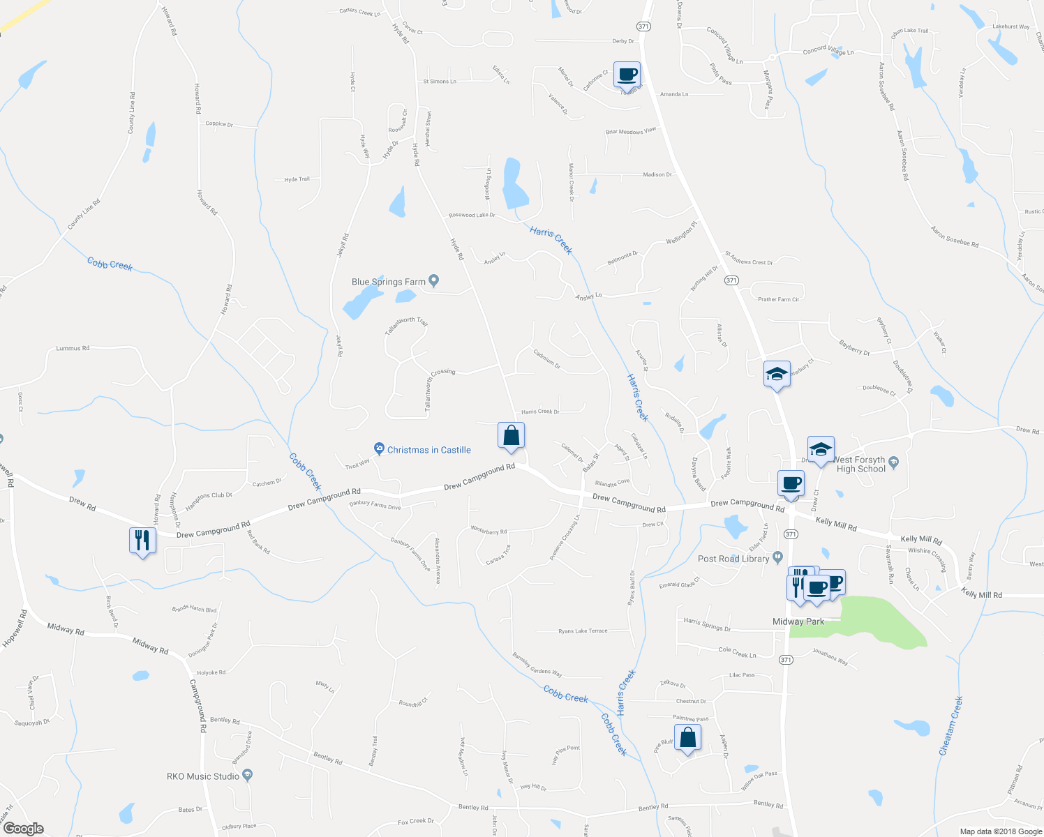 map of restaurants, bars, coffee shops, grocery stores, and more near 5310 Harris Creek Drive in Cumming
