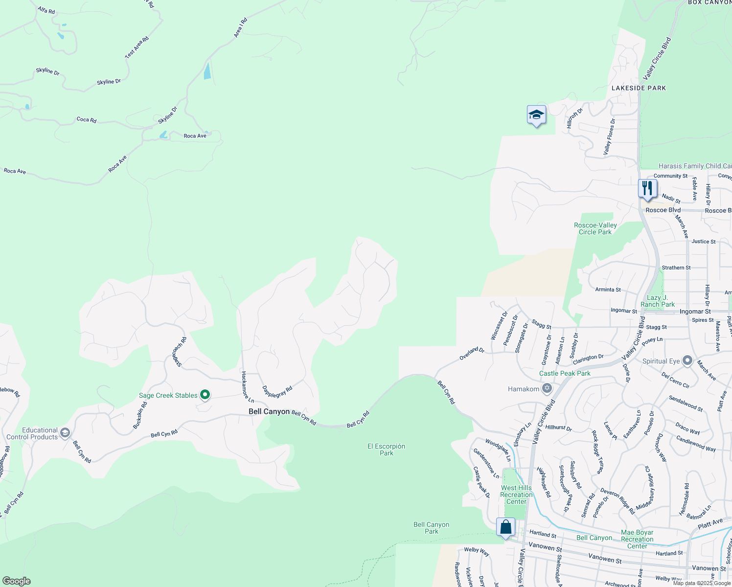 map of restaurants, bars, coffee shops, grocery stores, and more near 166 Dapplegray Road in Bell Canyon