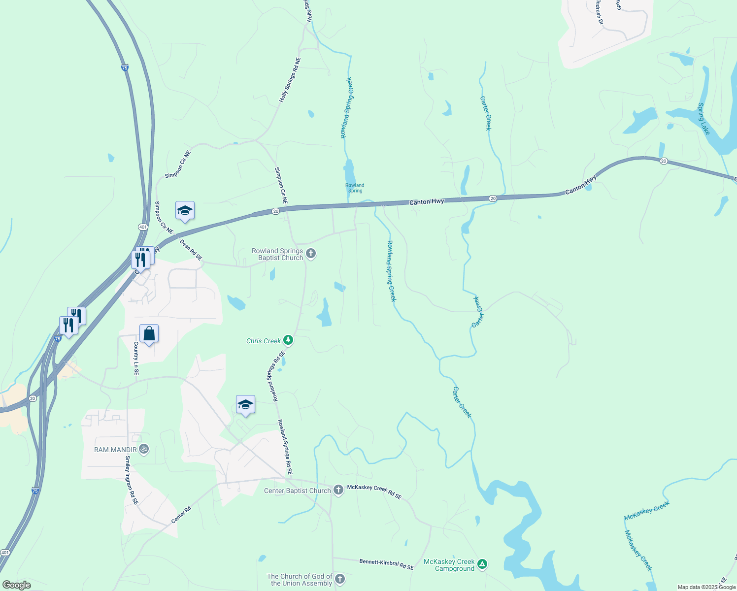 map of restaurants, bars, coffee shops, grocery stores, and more near 42 Treemont Drive Southeast in Cartersville