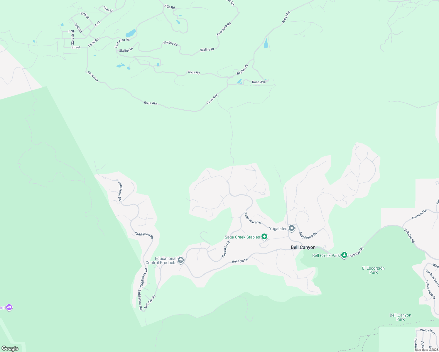 map of restaurants, bars, coffee shops, grocery stores, and more near 117 Stagecoach Road in Bell Canyon