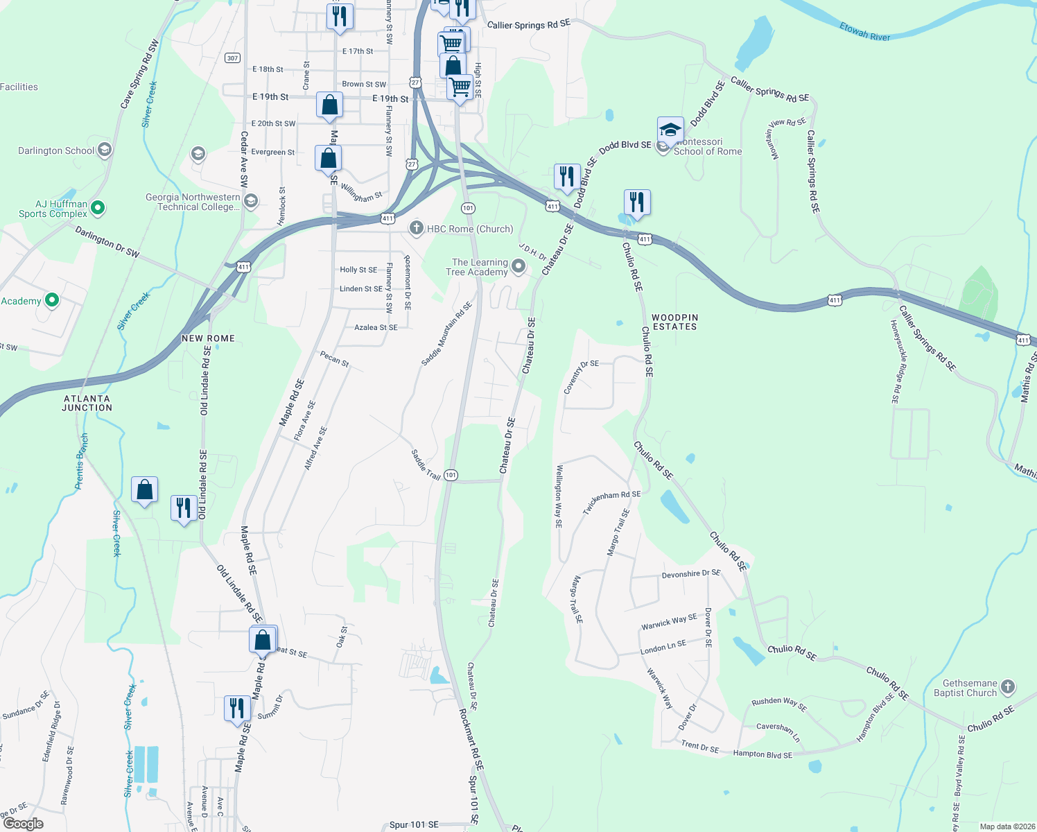 map of restaurants, bars, coffee shops, grocery stores, and more near 211 Chateau Drive Southeast in Rome