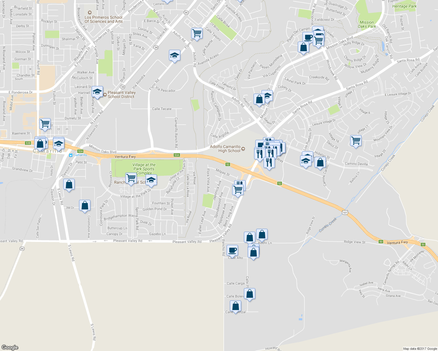 map of restaurants, bars, coffee shops, grocery stores, and more near 4387 Leatherwood Street in Camarillo