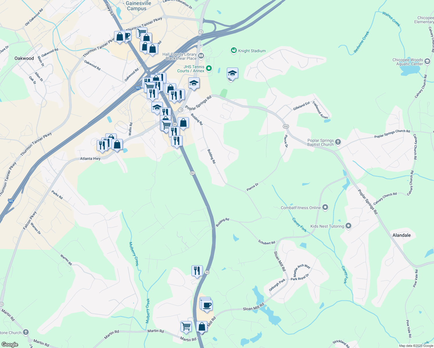 map of restaurants, bars, coffee shops, grocery stores, and more near 3788 Bolding Road in Flowery Branch