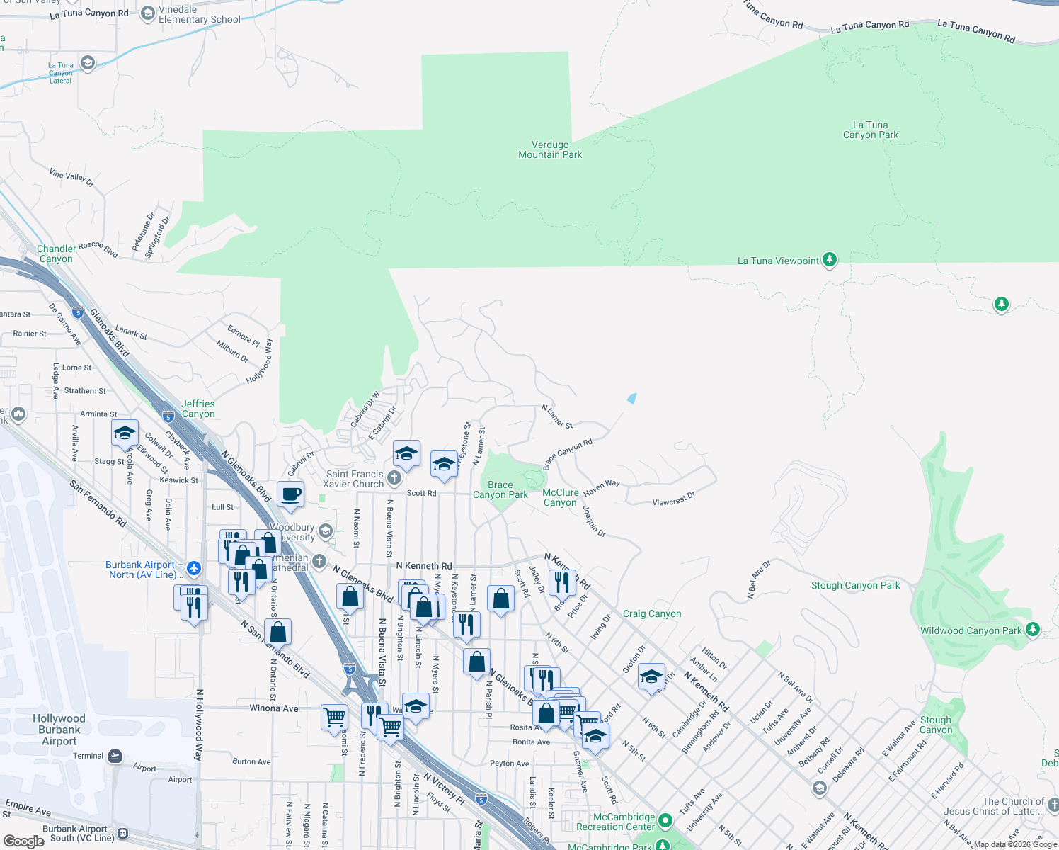map of restaurants, bars, coffee shops, grocery stores, and more near 3138 Highland View Drive in Burbank