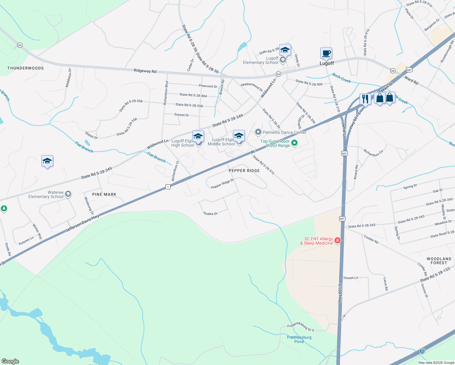 map of restaurants, bars, coffee shops, grocery stores, and more near 1102 Pepper Ridge Dr in Lugoff
