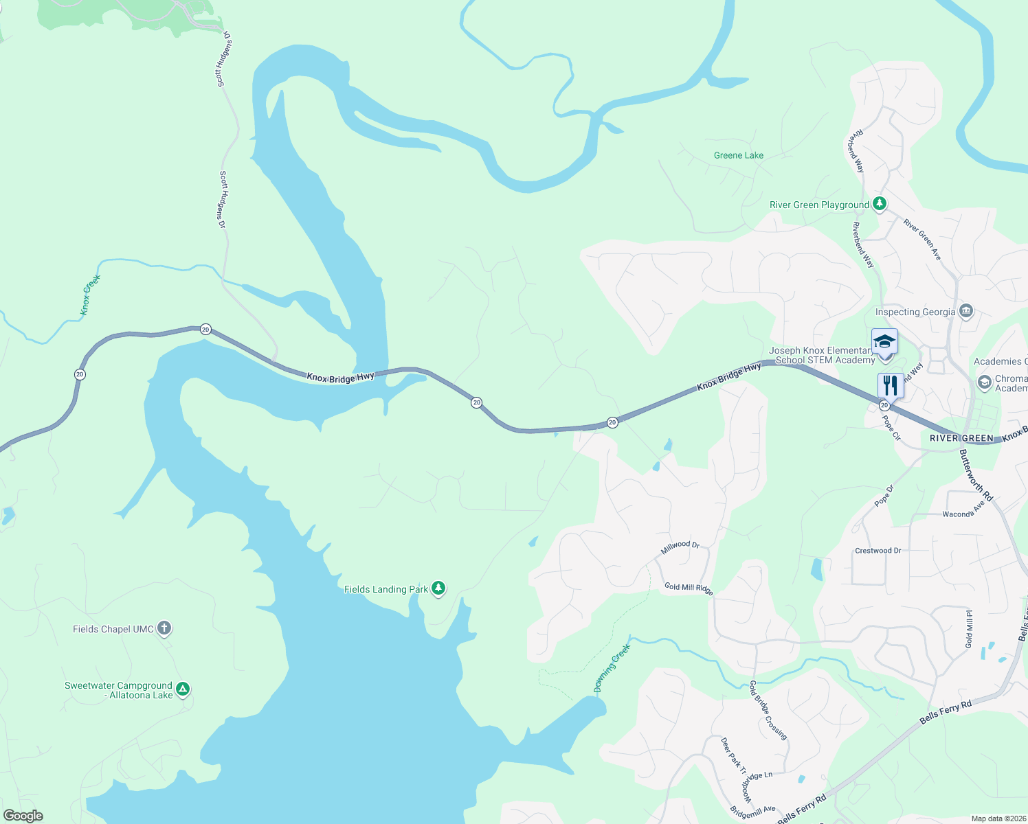 map of restaurants, bars, coffee shops, grocery stores, and more near 6575 Knox Bridge Highway in Canton