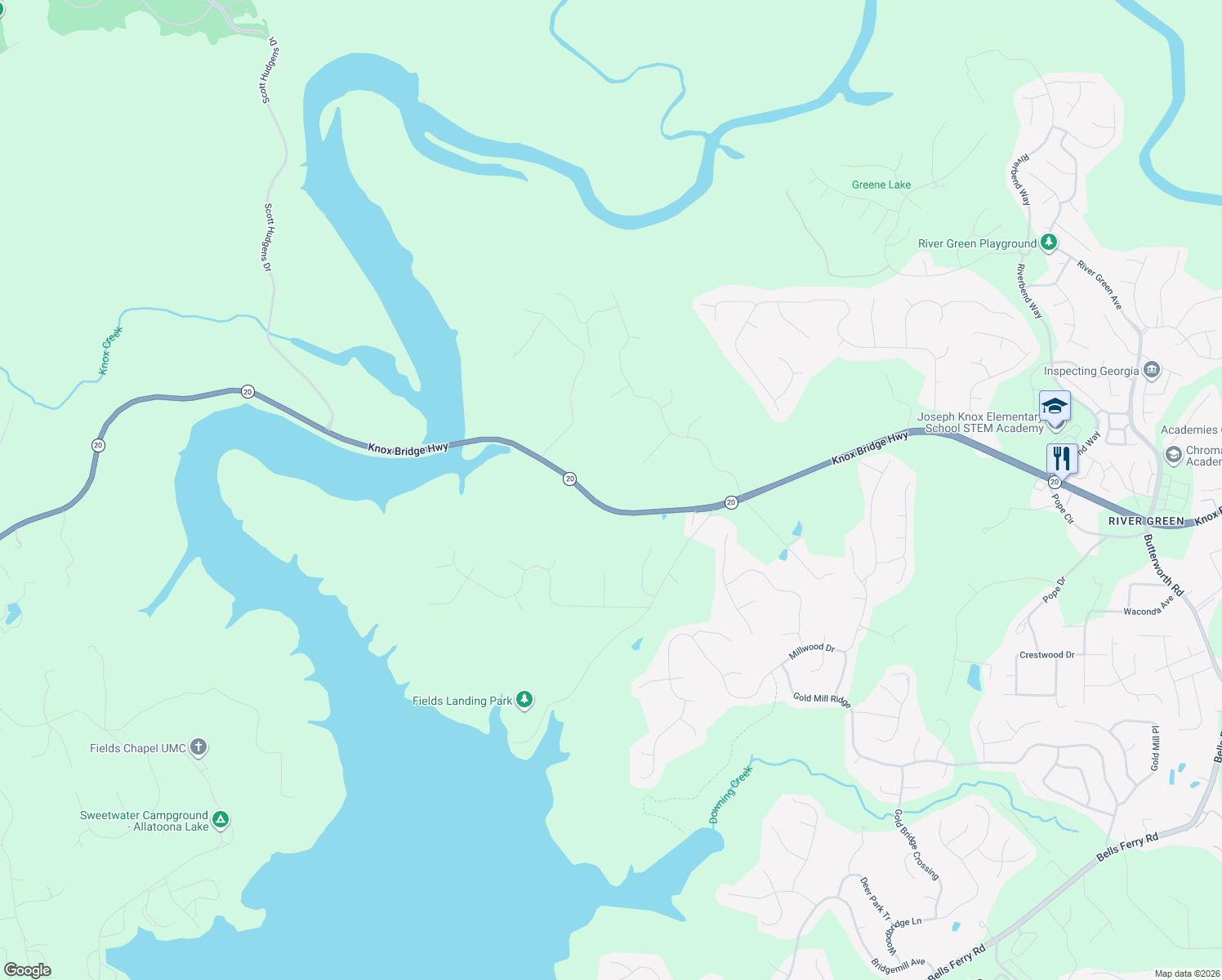 map of restaurants, bars, coffee shops, grocery stores, and more near 6575 Knox Bridge Highway in Canton