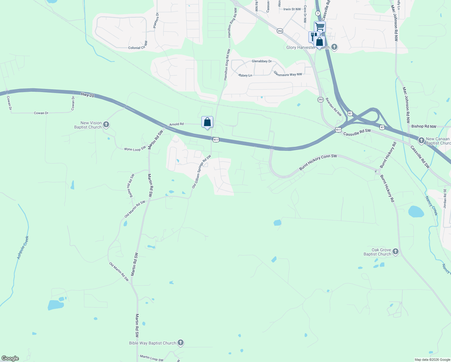 map of restaurants, bars, coffee shops, grocery stores, and more near 44 Culver Ridge Drive in Cartersville
