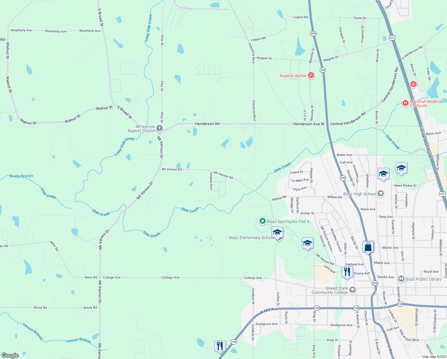 map of restaurants, bars, coffee shops, grocery stores, and more near 201 Delaware Dr in Boaz