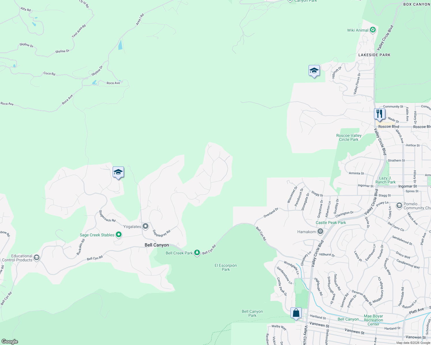 map of restaurants, bars, coffee shops, grocery stores, and more near 170 Dapplegray Road in Bell Canyon