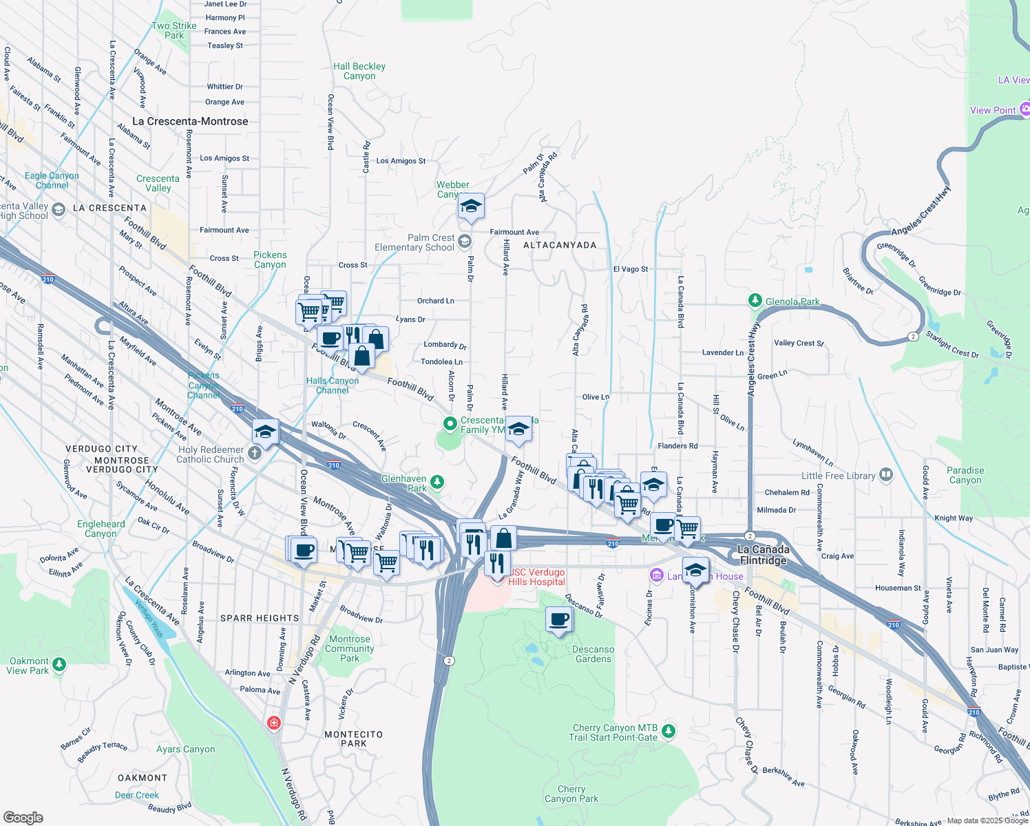 map of restaurants, bars, coffee shops, grocery stores, and more near 4608 Hillard Avenue in La Cañada Flintridge