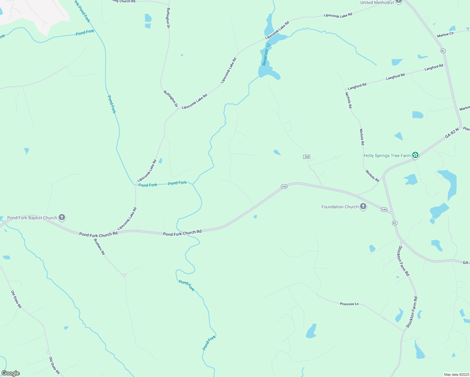 map of restaurants, bars, coffee shops, grocery stores, and more near 203 River Ridge Drive in Pendergrass