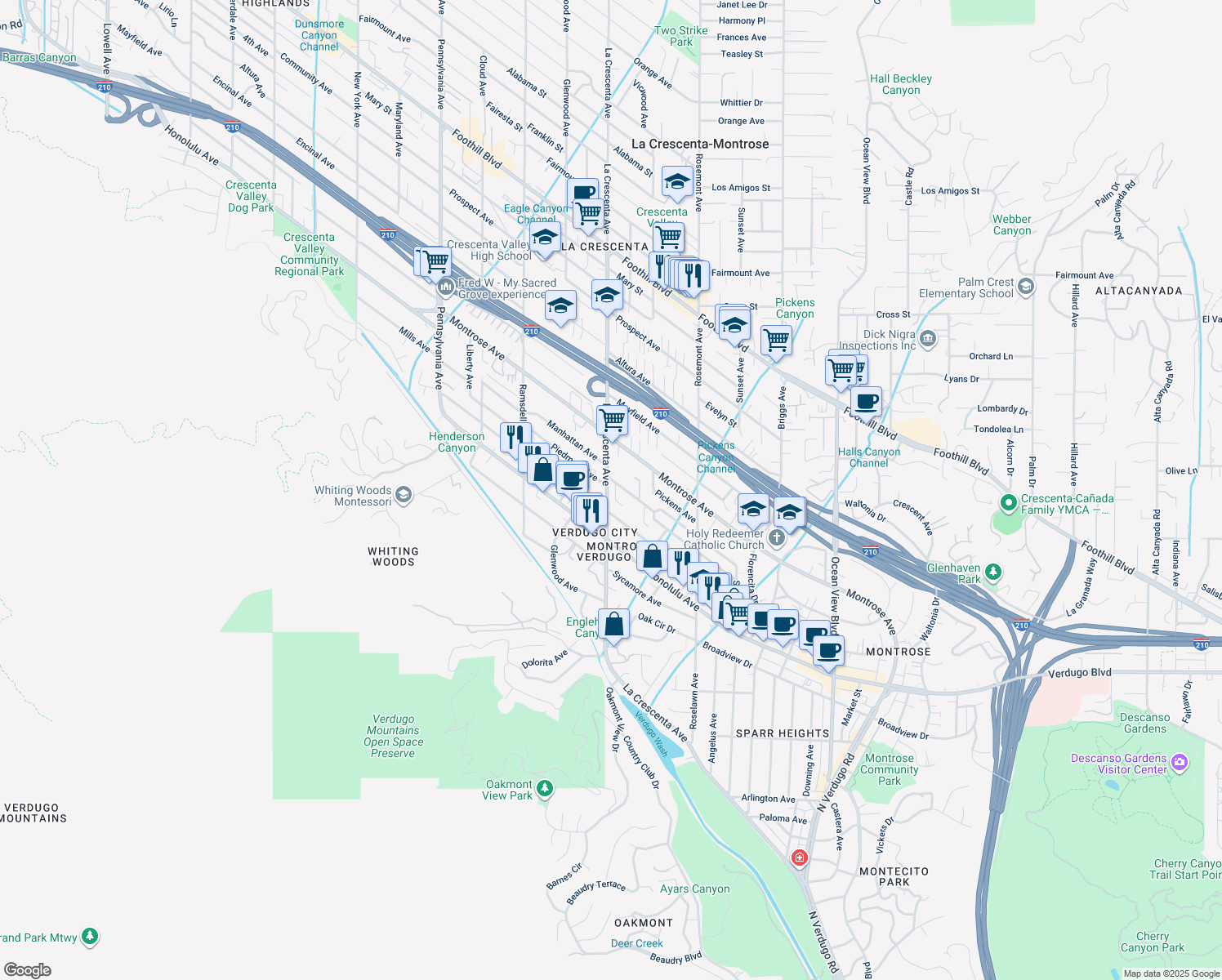 map of restaurants, bars, coffee shops, grocery stores, and more near 3928 La Crescenta Avenue in Glendale