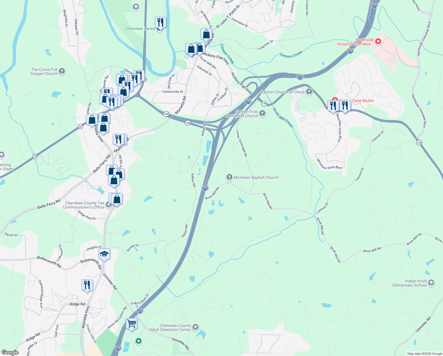 map of restaurants, bars, coffee shops, grocery stores, and more near 206 Brick Mill Drive in Canton