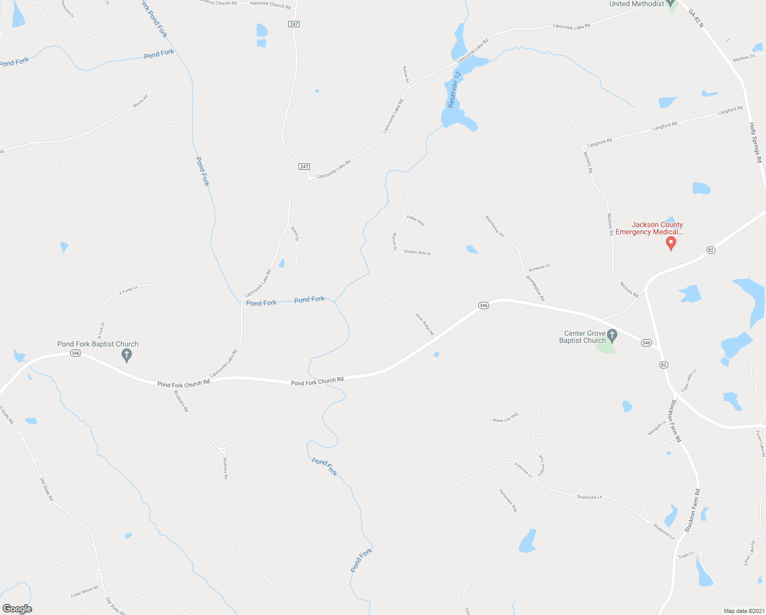 map of restaurants, bars, coffee shops, grocery stores, and more near 301 River Ridge Road in Pendergrass